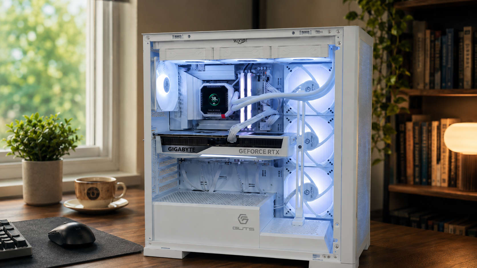 조명을 켠 화이트 게이밍PC